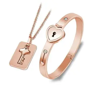 Bling Queen Unisex Rose Gold Plated Heart Lock Bracelet And Key Pendant Necklace, Matching Puzzle Lock And Key Stainless Steel Pendant, Cable chain Clavicle Necklace, Dainty Heart Bracelet(Rosegold)