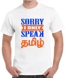 Caseria Men's Cotton Graphic Printed Half Sleeve T-Shirt - Sorry Speak Tamil (White, L)