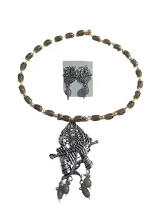 Vintage Style Krishna Pendant Necklace, Brown Beaded Chain, Antique Silver Finish