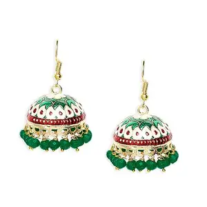 OOMPHelicious Jewellery Green Meenakari Jhumka Earrings - Floral Design with Beads For Women & Girls Stylish Latest (G-EHC189_CC1)