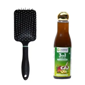 G Krishna Naturals Combo Pack of Big Paddle Hair Brush & 3 in 1 Hair Oil for Women & Men | Durable Long Lasting Wood Kangi and Hair Oil for Natural Hair Growth (Pack of 1 Each)(GKNPC1-13)