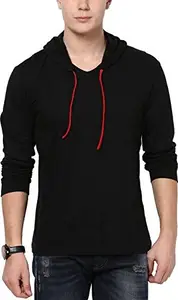 Wrodss Men's Plain Cotton Full Sleeve Black Slim Fit Hooded -Shirt