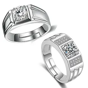 MEENAZ Ring for Men combo Mens couples gents Boys Boyfriend Friends American diamond AD CZ stone thumb Band Stylish proposal Adjustable Silver Finger ring Platinum Valentine gifts Anniversary 377