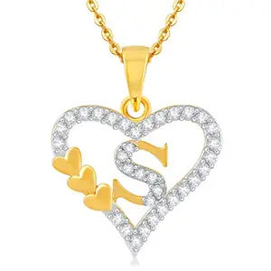 Kanak Jewels Valentine Collection S Letter Heart Latest American Diamond for Women Girls Girlfriend Men Boys Couples I love you Lovers Design with Chain Gold-plated Cubic Zirconia Brass Pendant