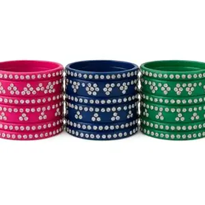 Rhinestone Studded Bangle Set, 3 Colours - Pink, Navy Blue, Green, Traditional Fashion Jewellery