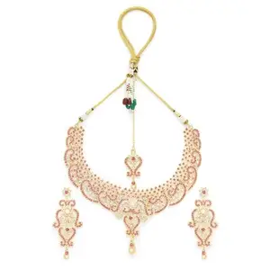 M.D KARAT ART trendy gold plated pink & white A1 TIWAN stone necklace jewellery set with earring & mangtika jewellery set for women (SET 0213N)