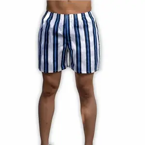 Boxers Shorts for Men 100% Cotton Casual Wear White and Blue Lines Print Boxer (M)