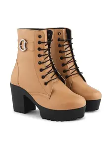 JM LOOKS Women’s Combat Boots Lightweight Lace up Ankle Boots High Heel Chunky Platform Lug Sole Booties-Tan