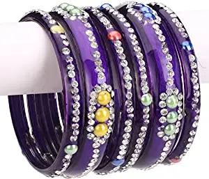 Somil Designer Fancy Party Glass Bangle/Kada Decorative With Colorful Beads & Stone, Pack Of 6, Blue