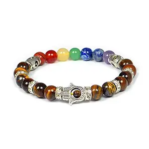 Crystu Natural 7 Chakra with Tiger Eye Bracelet Crystal Stone Bracelet Combination Hamsa Charm Bracelet 8 mm Round Beads (Color : Multi)