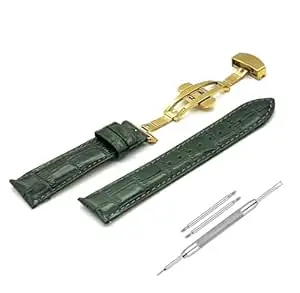 Lineon 22mm Half Padded Premium Leather Mens Watch Strap with ButterFly Lock For Branded Watches Tool and Pins Include