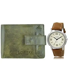 LOREM Combo of Brown Wrist Watch & Green Color Artificial Leather Wallet (Fz-Wl22-Lr16)