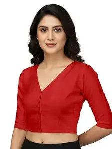 Mehrang V-Neck Taffeta 3/4 Sleeves, Front Hook Closure with Smocked Side Panel, Full Back Covered Readymade Saree Blouse for Women