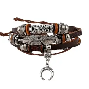 Bling Queen Men's Silver Multi Layer Braided Brown Leather Feather Moon Bead Bracelet
