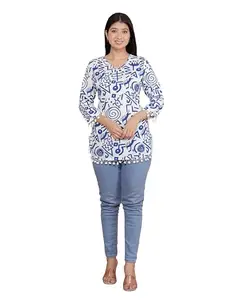 CraftXpresso Geometric Printed Straight 3/4th Sleeves Kurti Perfect for Casual, Formal, and Ethnic Wear (White Blue-M)