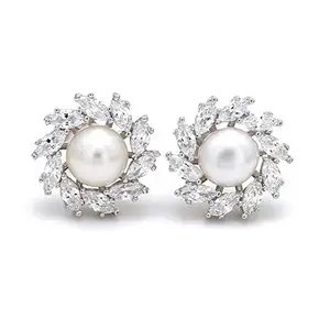 Ornate Jewels 925 Sterling Silver Natural Fresh Water Pearl and American Diamond Flower Design Stud Earrings for Women and Girls