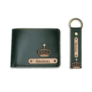 The Unique Gift Studio Customized Wallet and Keychain Combo for Men | Personalized Wallet Keychain Set with Name Printed | Leather Name Wallet Keychain for Men | Customised Gifts for Men with Name & Charm + Green