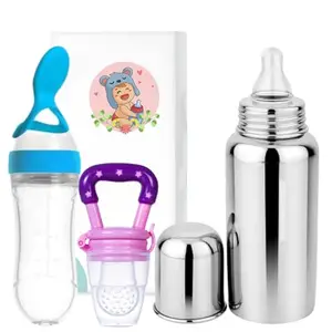 KINDAR CARE Silicone Baby Spoon Feeder Feeding Bottle (90ml, Ideal for 4 Months+ Babies) | Stainless Steel Milk Bottle (250 ML) & Food/Fruit Feeder/Nibbler (Set of 3 Items),KINCARE09