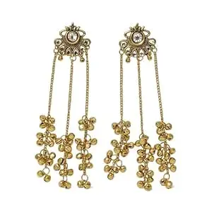 Kashmiri Earrings, Gold Tone Long Chain Dangle Earrings with Bells, Traditional Indian Jewelry