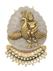 Exotic India Traditional Kundan Studded Lord Kartikeya Design Brass Pendant Devotional South Indian Jewelry