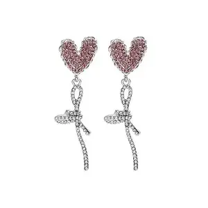 AZIVAA FASHION Love Heart Dangle Earrings, Crystal Earrings Pink Heart Bow Tie, Sparkly Tassel Valentine's Gift for Wife/Girlfriend