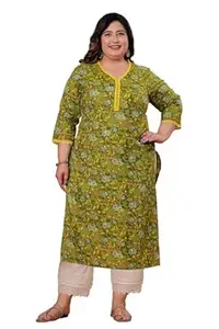 LABULY Women Pure Cotton Plus Size Kurti with Lace & Kantha Work | Discharge Print Straight Kurta | V Neck Ethnic Kurti 47 Inch Length