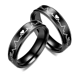 University Trendz Stainless Steel Black Heartbeat Love Message Couple Ring for Men & Women