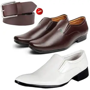 Relaxed Trendy Formal Shoes/Party Shoes/ 2 Shoes Combo with Free Belt for Men and Boys (BAZAAR9243_VTR-2004-Wht) Multicolor