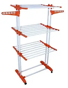 BRANCO Dryer Stand for Cloth | Heavy Duty 2 Pole Support 3 Layer | Drying Rack with Wheel for Home and Balcony | Foldable & Movable Cloth Rack Stand | Laundry Racks Prince Jumbo Orange