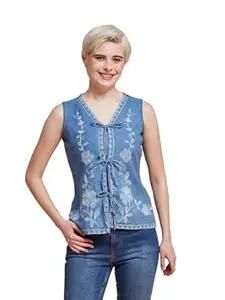 J TURRITOPSIS Women's Denim Floral Embroidered Tie-Front Denim Stylish Shirt || Shirt Top for Women