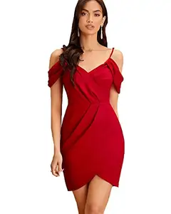ADDYVERO V-Neck Sleeveless Cotton Blend Solid Bodycon Knee-Length Women Dress (Red, S)
