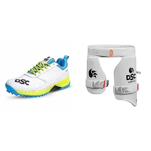 DSC Jaffa 22 Cricket Shoes for Men and Boys UK-8 White/Lime-Yellow & DSC Polyester Thigh Pad Intense Passion (Multicolour)