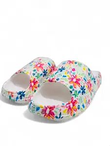 Womens floral atractive print slide slipper (White, UK Footwear Size System, Adult, Men, Numeric, Medium, 7)
