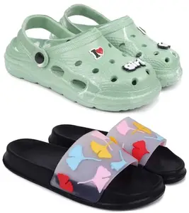 Pampy Angel Combo Pack of 2 Slipper/Flip Flops/Slides/Clogs/Sandals with Adjustable Back Strap for Women,(WCL-LGirl-Green,Gobi-Black),39 (Euro)
