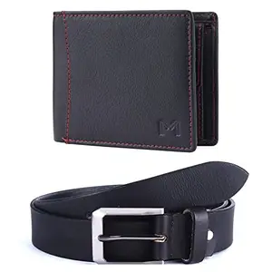 Massi Miliano Men's Leather Wallet and Belt Men's Combo Set- Black (Loreto)
