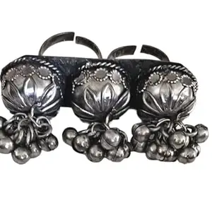 Fuschianet Accessories Oxidized 2Finger 3cone Ghungroo Bells Large Ring Adjustable for Women and Girls