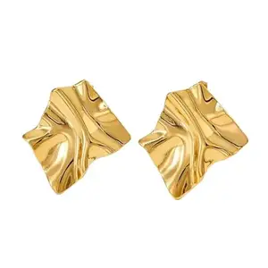 KRYSTALZ Assymetrical Textured Gold Stud Earrings Stainless Steel Square Earrings for women