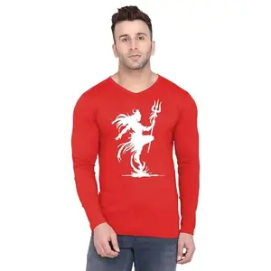 Original Way Men Cotton Full Sleeve V Neck Stylish Mens Casual Wear Lord Shivan Dance Printed T Shirt FSVN-2826-M Red