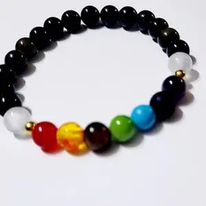 LKBEADS Natural 7 Chakra Stone & Black Onyx 8mm Round Shape Smooth Cut Beads 8 inch Stretchable Bracelet for Men & Women|STBR_RR_00041_80