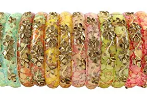 ZULKA Get your traditions Acrylic (Plastic) with Zircon Gemstone Or Beads Studded worked Glossy Finished Kada Set For Women and Girls, (MultiColour_2.4 Inches), Pack Of 16 Kada Set