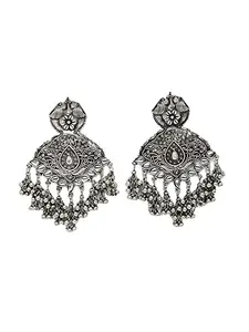 Moedbuille Stone Studded Temple Design Oxidised Silver Plated Tasselled Chandbalis For Women's (Mber02954)
