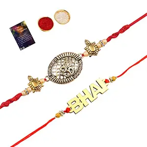 Elegant Bhaiya Rakhi " BHAI" Designe With Designer Look "OM" Rakhi Combo For Bhaiya With Roli Chawal And Greeting Card -591