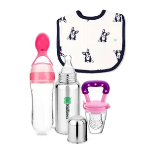 Kidbea Stainless Steel Infant Baby Feeding Bottle, Dog Printed, Pink Silicone Food and Fruit Feeder BPA Free Combo of 4