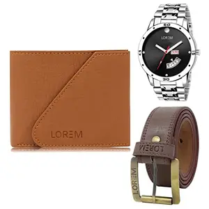 LOREM Mens Combo of Watch with Artificial Leather Wallet & Belt FZ-LR104-WL01-BL02