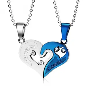 Uniqon Unisex Valentine's Day Special Metal Stainless Steel I Love You Diamond Nug Broken Heart Romantic Love Couple Blue And Silver 2 In 1 Beautiful Duo Locket Pendant Necklace With Chain