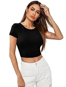 Dream Beauty Fashion Women's Casual Short Sleeves Round Neck Crop Top Polyster Blend (341 Tani-Black-L)