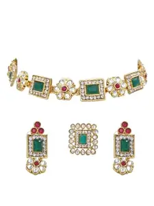 AARNAA Green & Pink Stones Ethnic Collar Bone Necklace Earring & Ring Set For Women KS_1133_RG_151