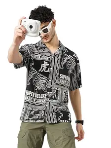 Celio Men Black Printed Boxy Viscose Rayon Soft Touch Casual Shirt (8905550126885, Black, 38)