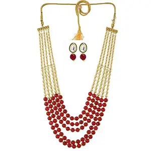 PANAASHE-RAJASTHANI 5 Layer Red and White Pearl With Kundan Earring Necklace set for women/girls