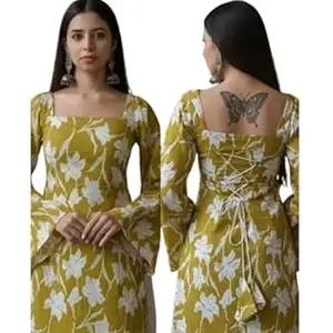 ALENJAN Rayon Floral Print Short Kurti for Women | Square Neck Long Sleeve Top for Women | Criss Cross Back Desing Kurti | Soft Breathable Fabric | Relaxed Fit | Casual and Office Wear